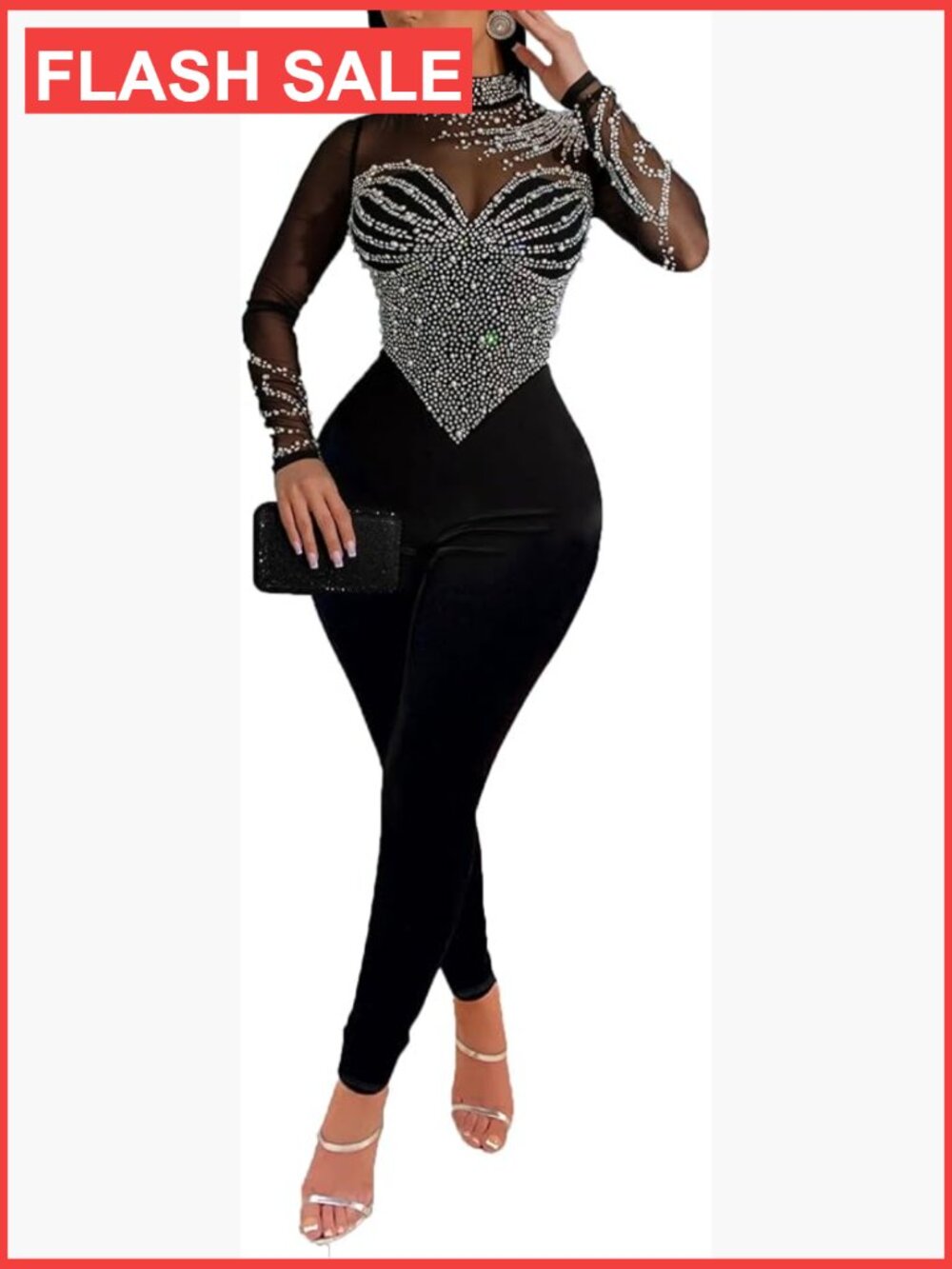 Sexy Rhinestone Jumpsuit Long Sleeve Mesh Party Romper